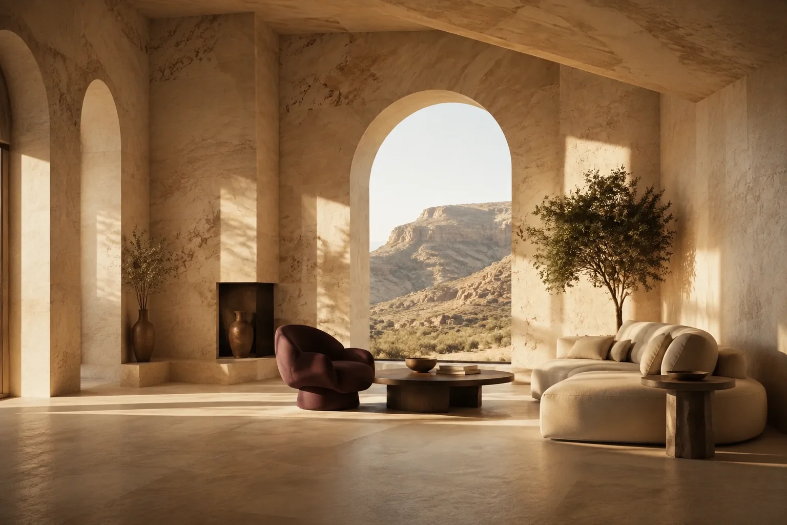 Warm architectural interior with sculptural furniture and soft daylight
