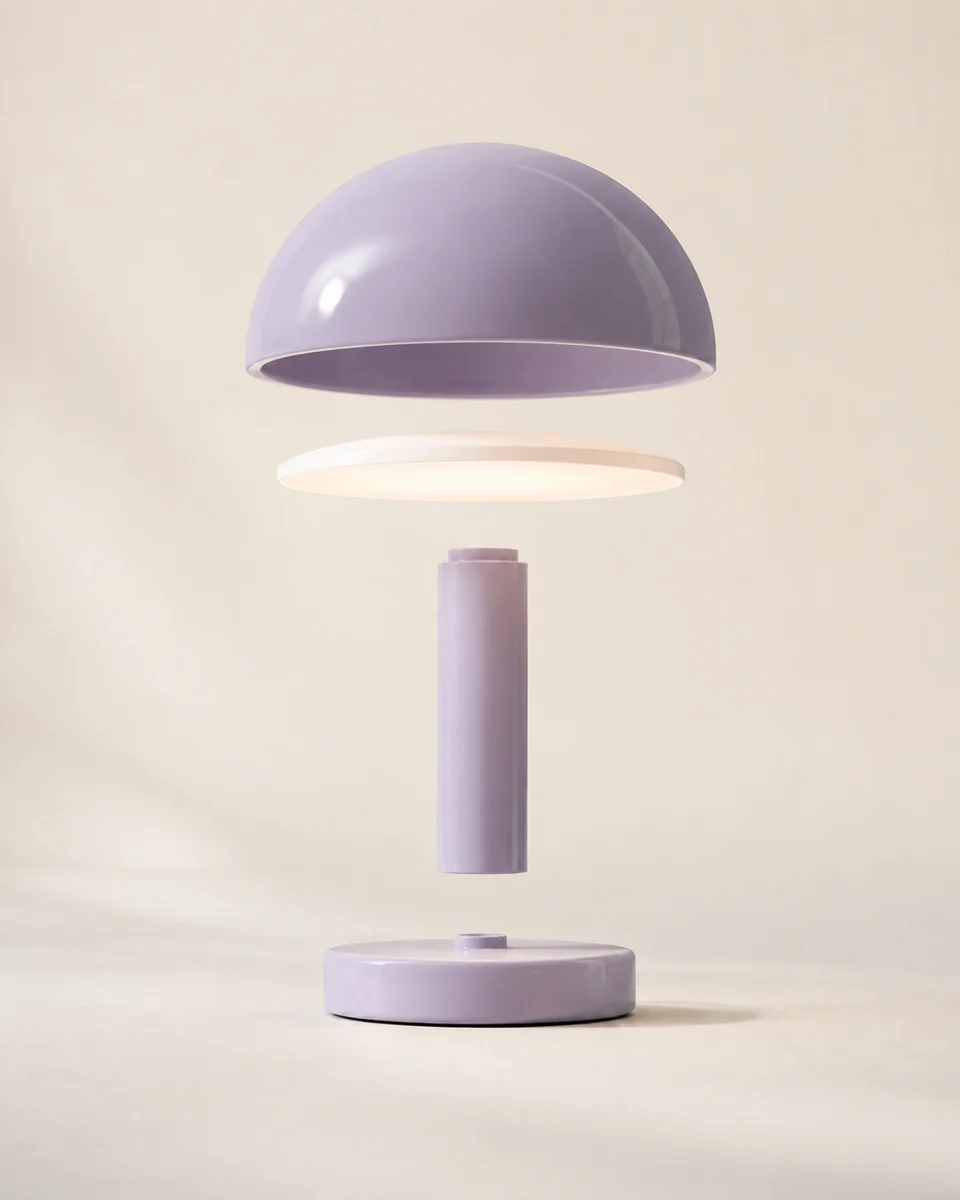 An exploded lamp with its dome, diffuser, stem and base separated vertically