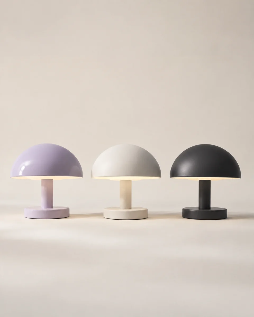 The same mushroom lamp in lilac glazed, chalk matte and charcoal satin ceramic